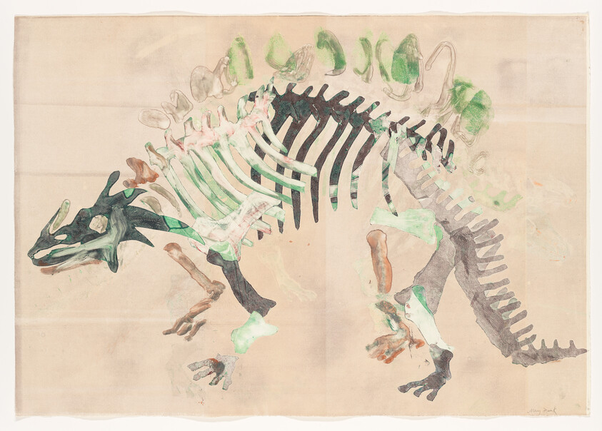 A watercolor painting of a stegosaurus-like dinosaur skeleton with green and brown highlights.