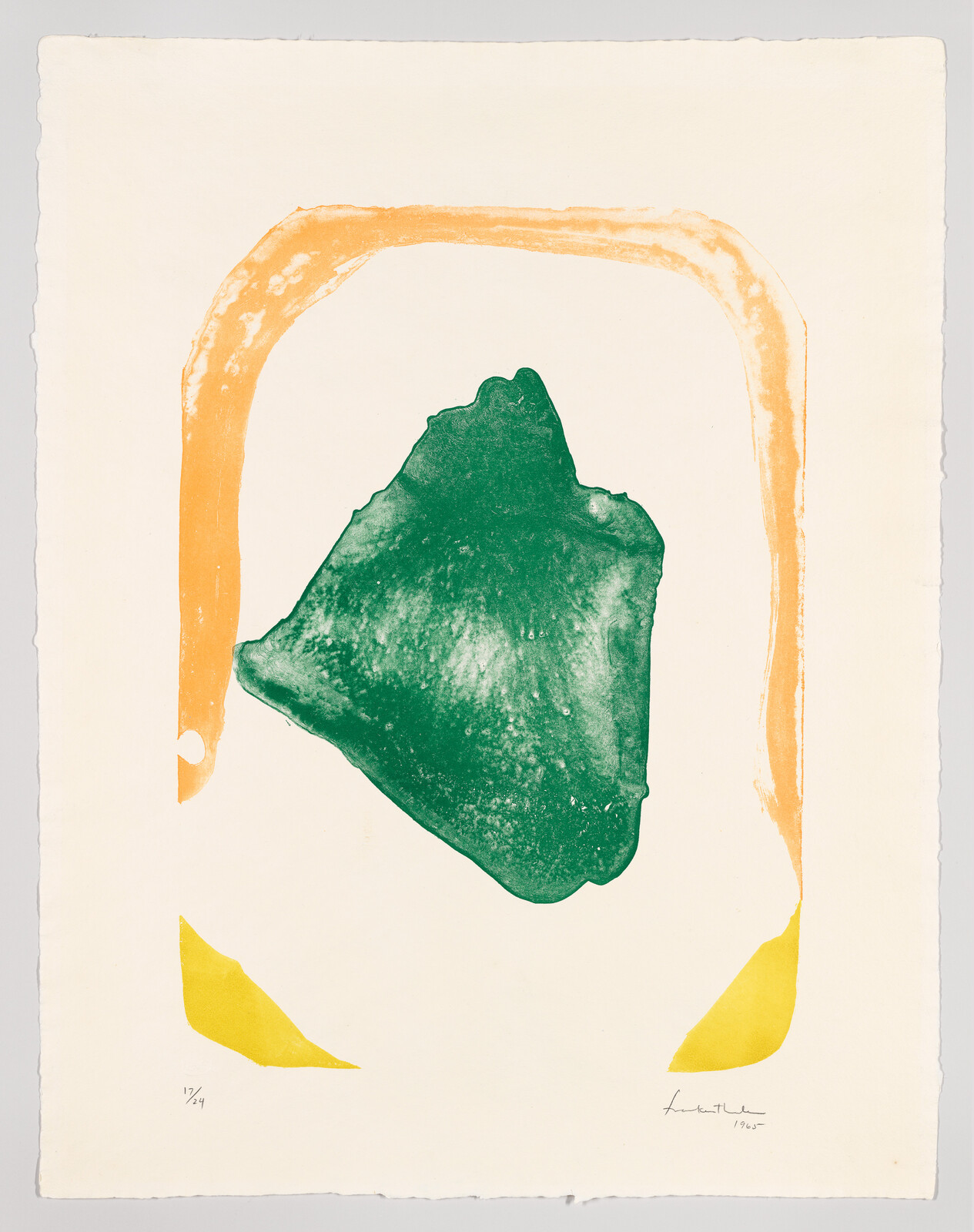 A large green irregular shape centered inside an orange arch with yellow corner accents on cream paper.