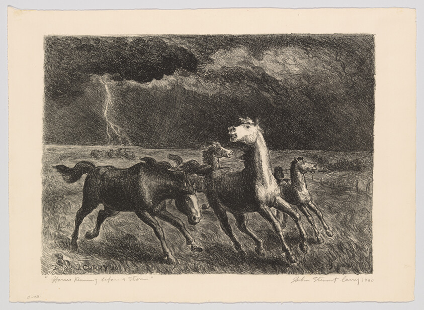 Three horses gallop across a field while lightning flashes under dark storm clouds.