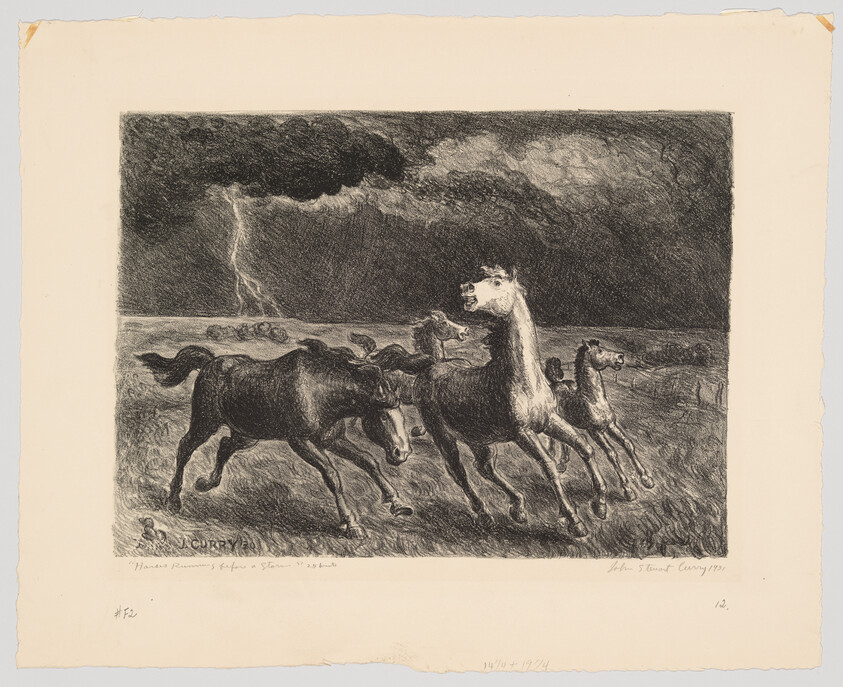Herd of horses galloping across a field under dark storm clouds with lightning.