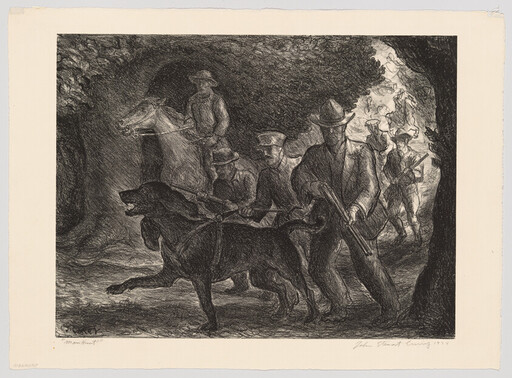 A hunting party with dogs and rifles moves cautiously through a dark wooded cave entrance.