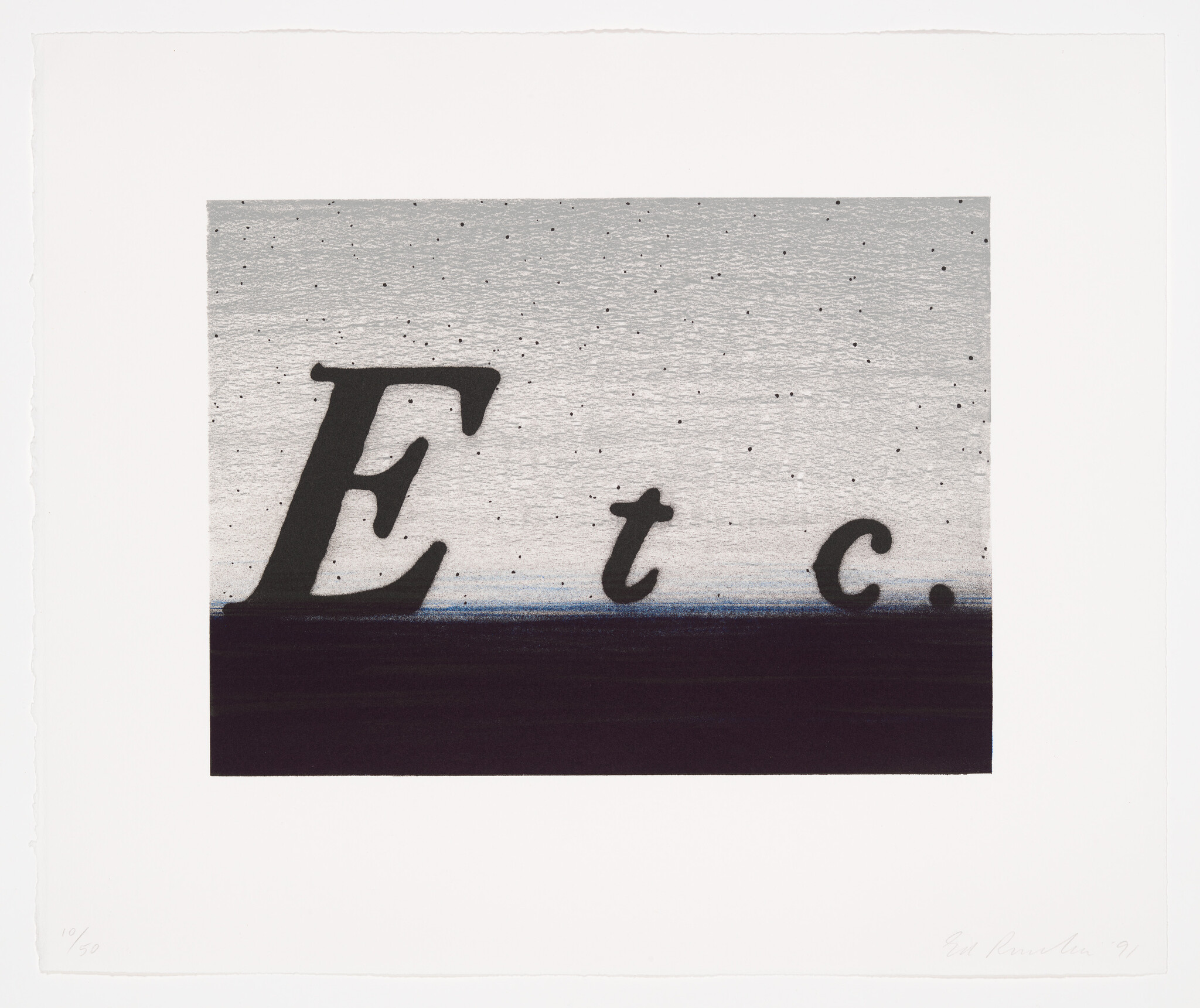 Large black letters spelling "Etc." silhouette against a gray speckled sky and dark horizon.