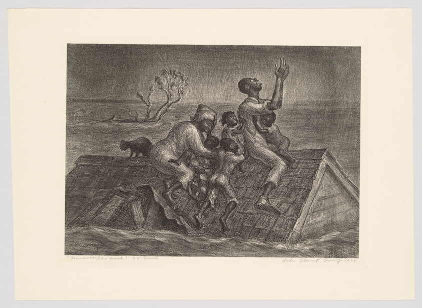 A family clings to a flooded rooftop as a man raises his hands in desperate prayer.