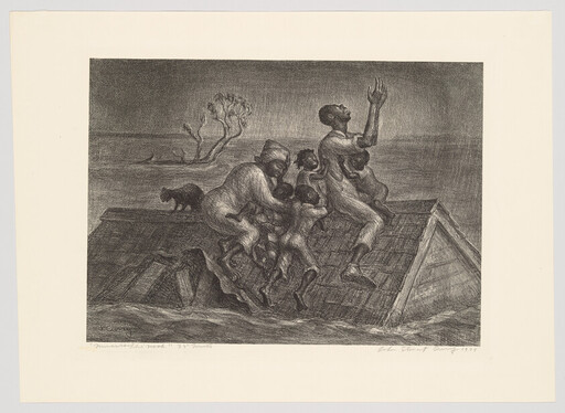 A family clings to a flooded rooftop as a man raises his hands in desperate prayer.