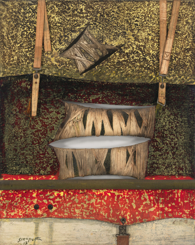 Worn torn fabric strips reveal white layers within a red and gold textured background with straps.