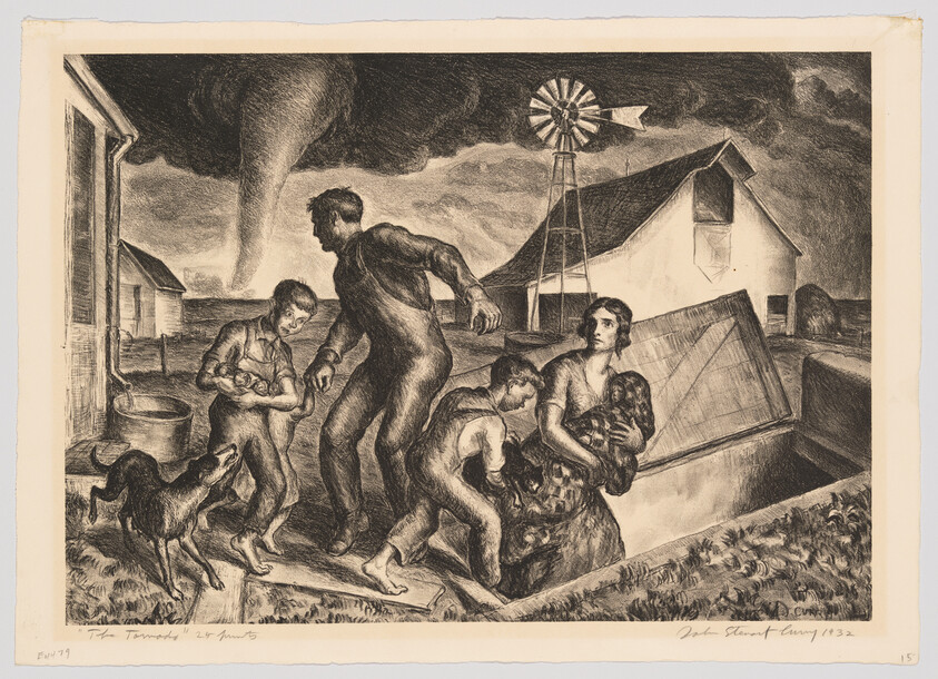 A family hurriedly evacuates toward a cellar as a tornado approaches the farm.