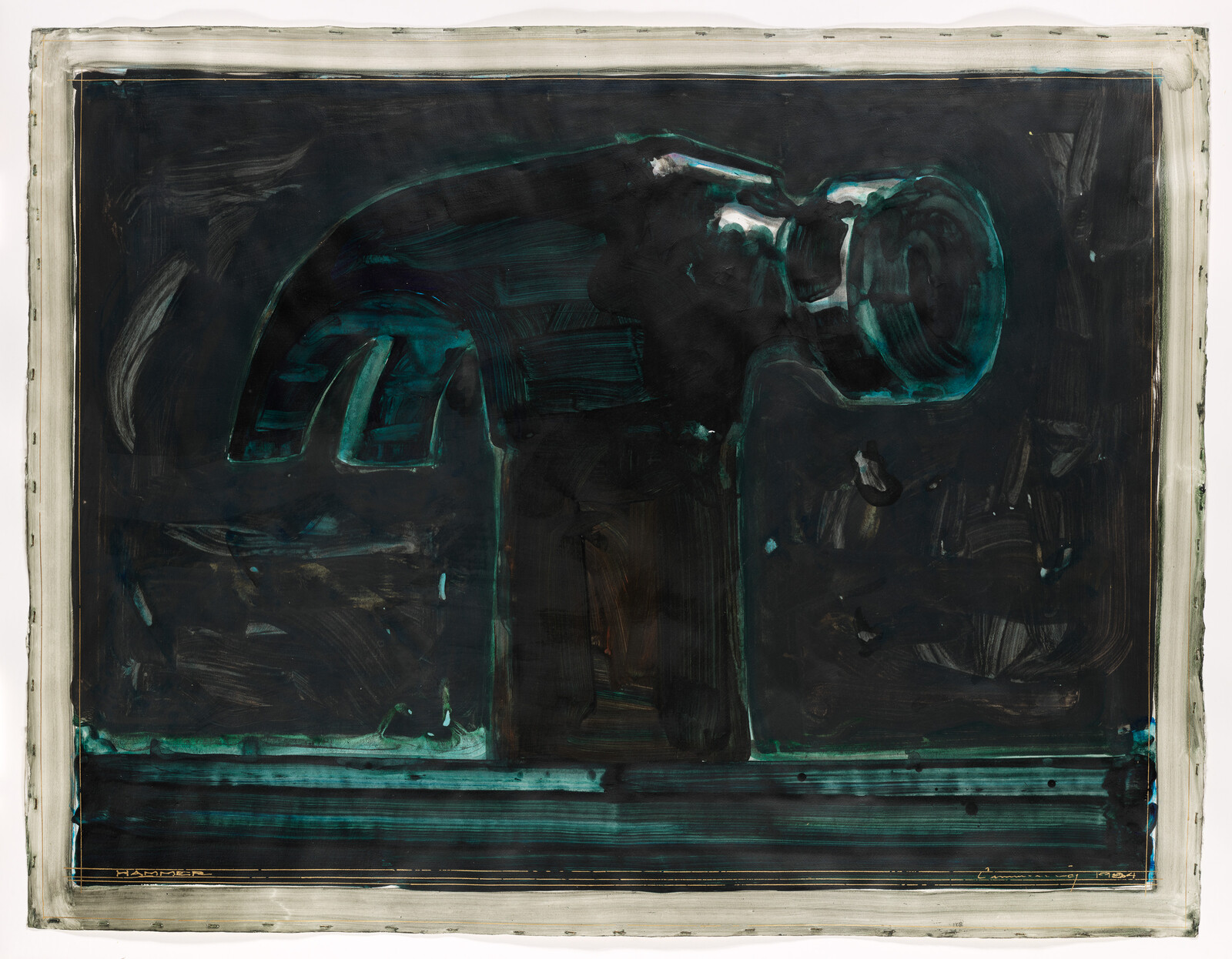 A large dark painting depicting a teal-toned hammer silhouette against a black background.