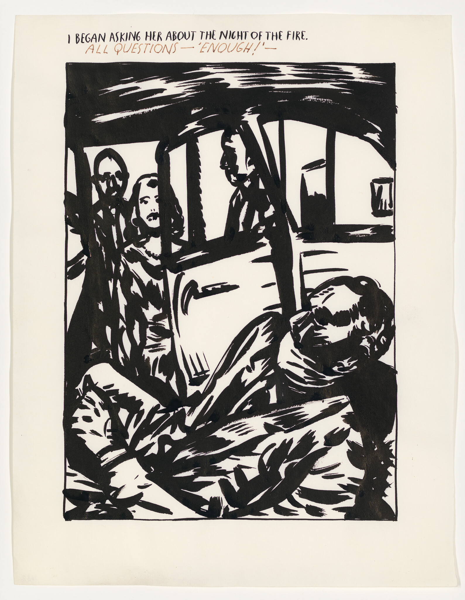 Three people in a car while a man slumps in the front seat, caption about the night of the fire.