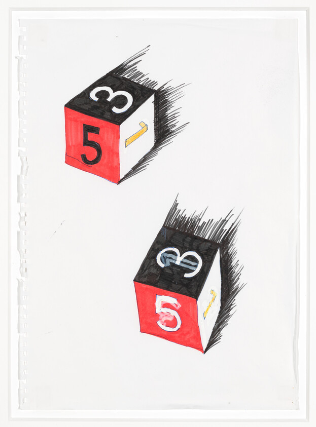 Two angled numbered blocks show red faces with a large 5, black tops with a white 3, and shadows.