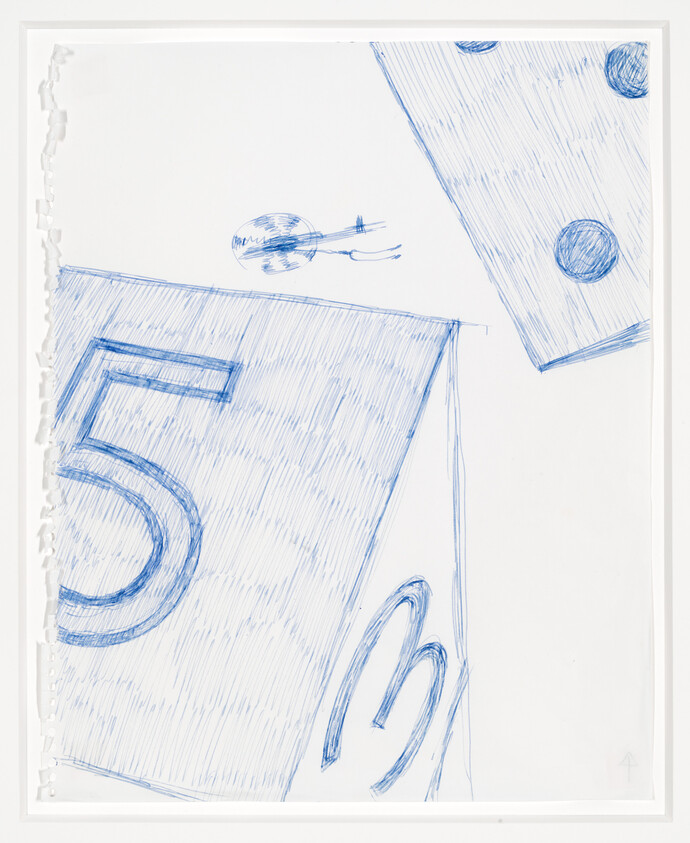 Large blue pen sketch of tilted cards showing a bold number five and circular pips.