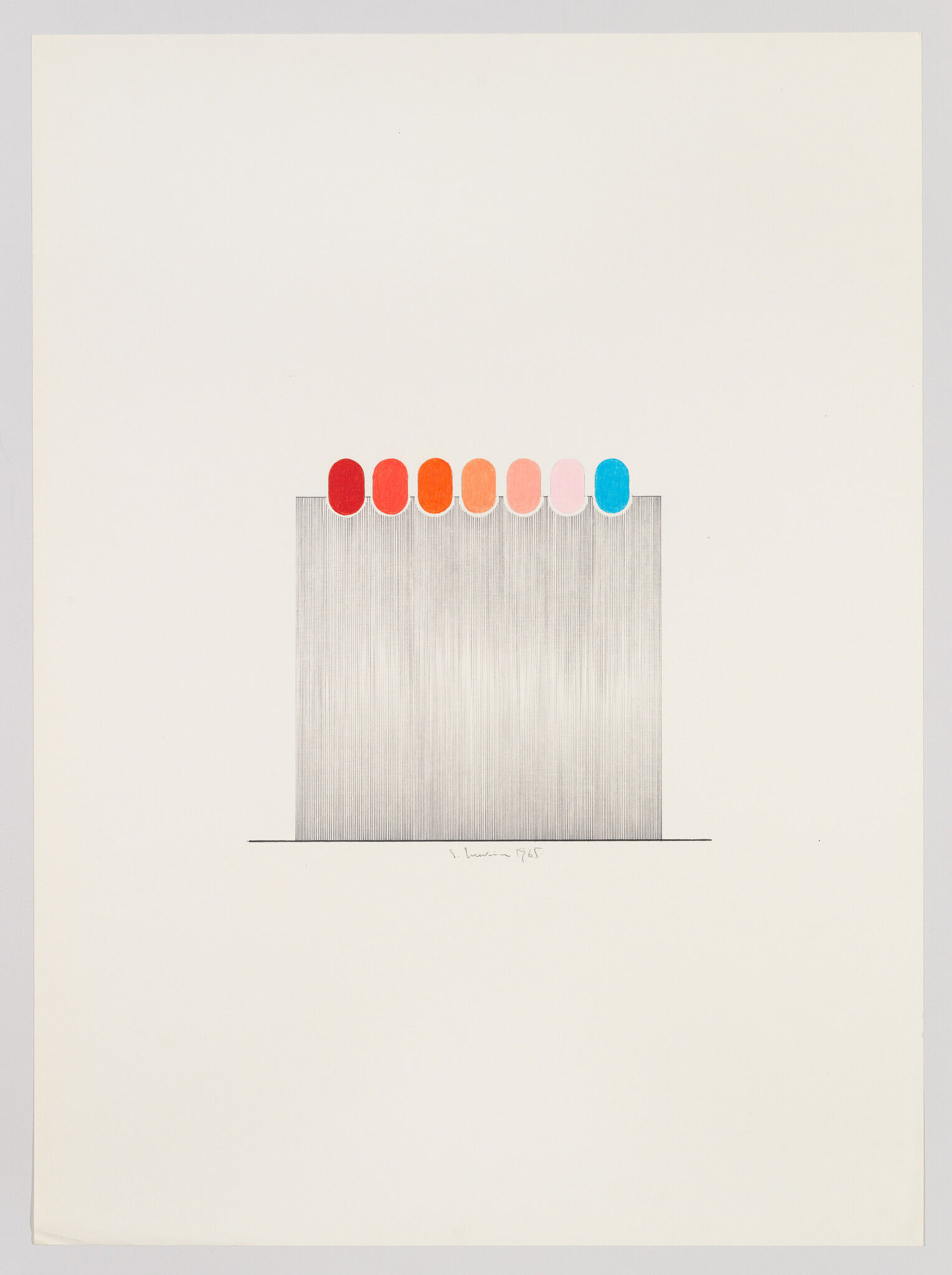 A minimalist drawing of a tall gray block topped by seven rounded color tabs in warm to cool hues.