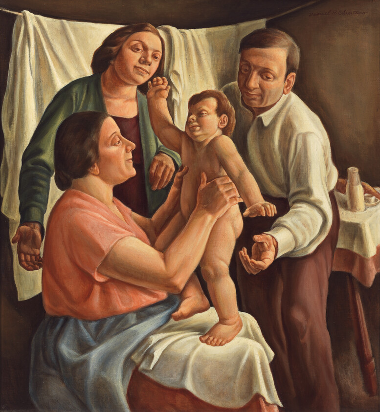 A woman holds a baby while two adults reach out supportively in a home setting.
