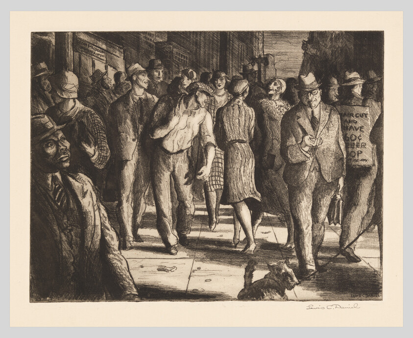 Crowded city sidewalk with people walking past a man holding a cigarette and a small dog.