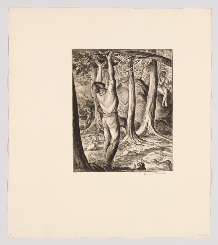 A man stretches upward to reach tree branches while a second figure watches from a tree.