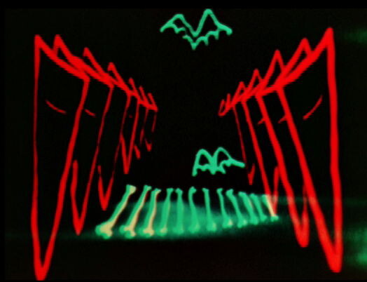 Red and green neon light shapes form a symmetrical corridor with bat-like figures above.