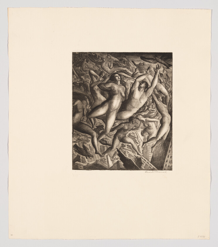 Several nude figures tumbling through the air above a city wreckage in dramatic motion.