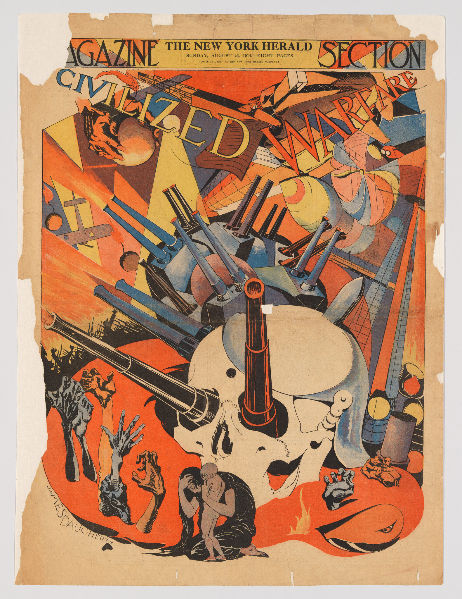 A giant skull with gun barrels emerges amid war machines while a grieving figure cradles a child.