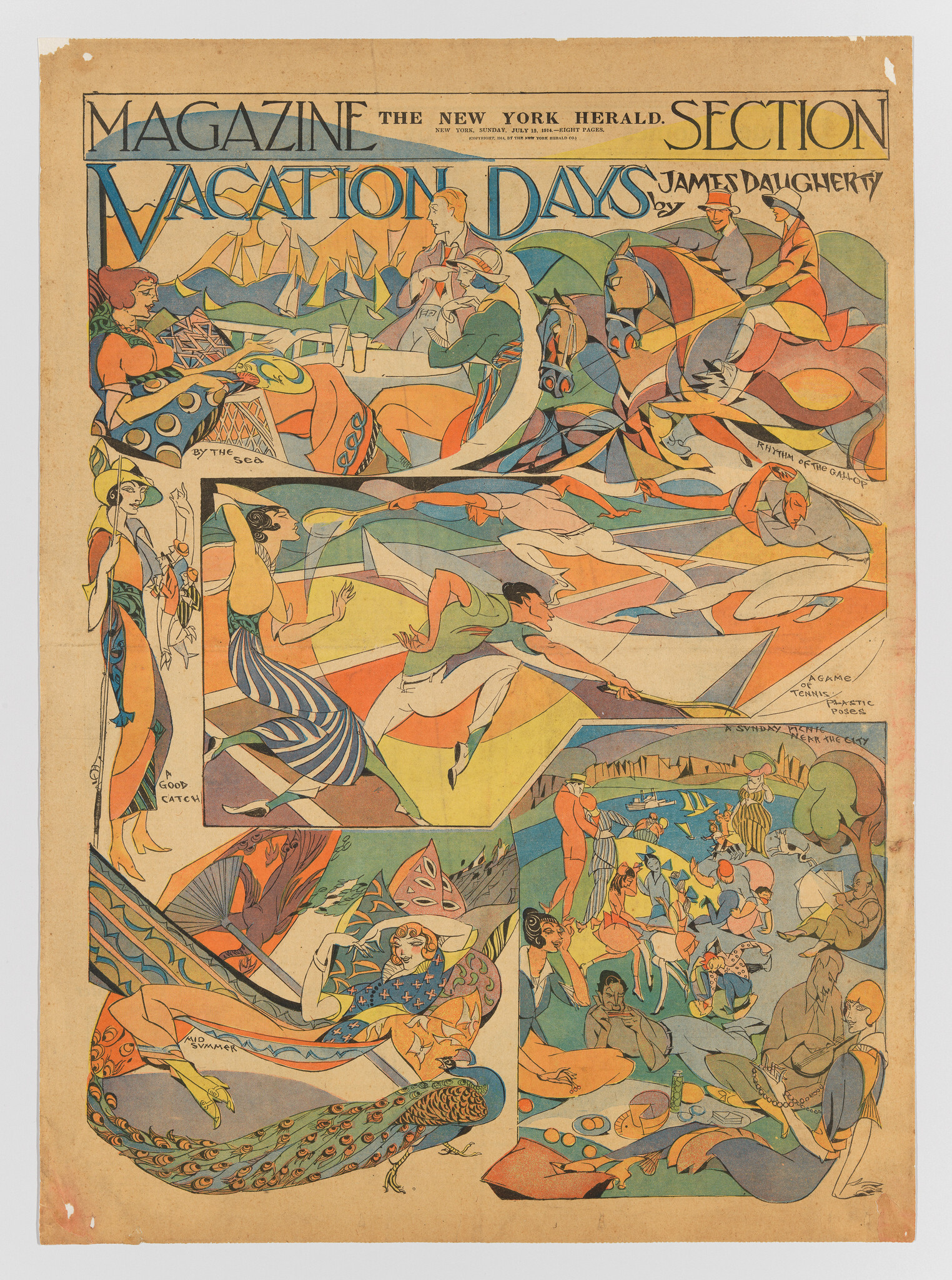 Colorful magazine cover titled "Vacation Days" showing people relaxing, swimming, sailing, and horse riding.