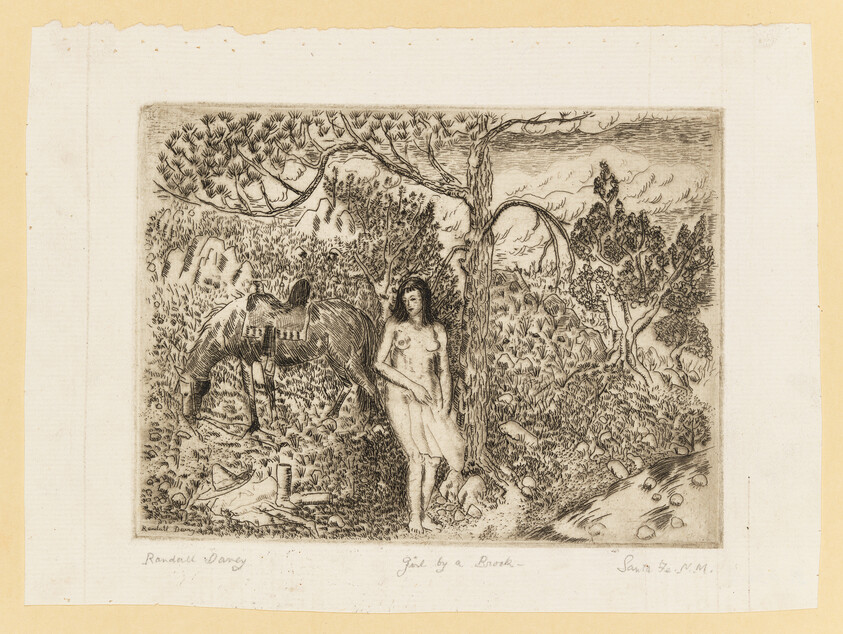 An etching depicting a pastoral scene with a nude female figure standing by a brook, a horse being held by an obscured figure to the left, and a lush landscape with various trees and plants. The image has handwritten text at the bottom, possibly the artist's signature and title of the work.