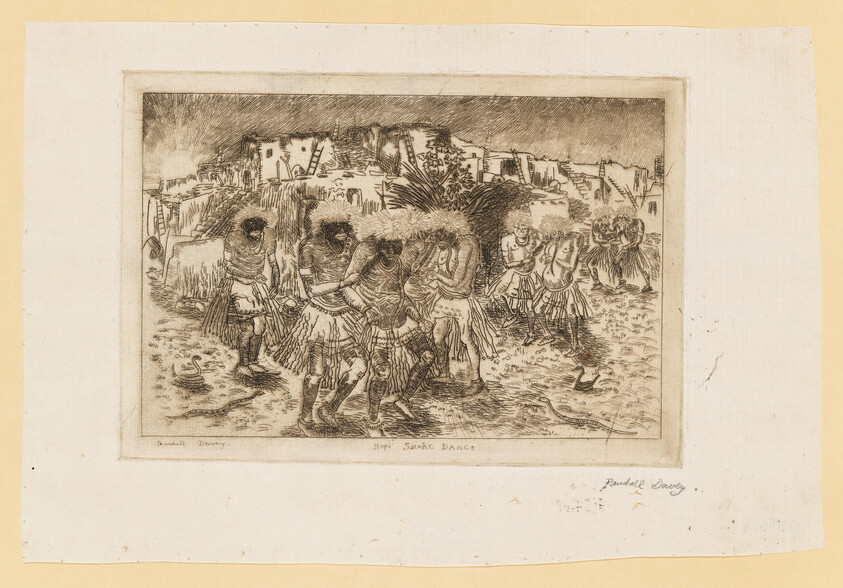 An etching depicting the Hopi Snake Dance, with several figures in ceremonial attire dancing with snakes in their mouths and hands. The background shows a landscape with pueblo-style buildings under a bright sky. The artwork is signed "Randall Davey" at the bottom right and titled "Hopi Snake Dance" at the center bottom.