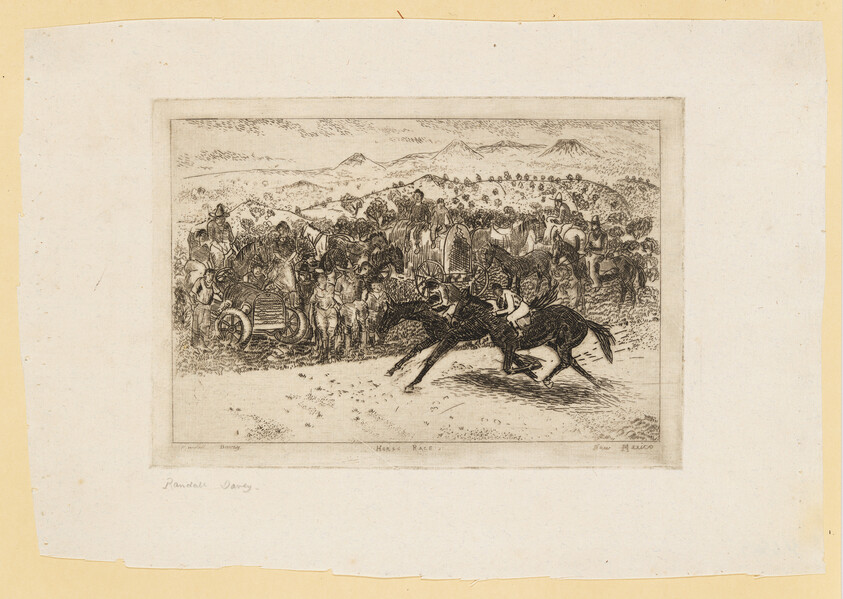 This is an etching depicting a horse race in a rural setting, with a large crowd of spectators in the background and a prominent scene of a jockey on a galloping horse in the foreground. The landscape includes rolling hills, and the artwork has a vintage or historical appearance. There are inscriptions at the bottom, including the title "Horse Race" and signatures that suggest the names of the artist and engraver.