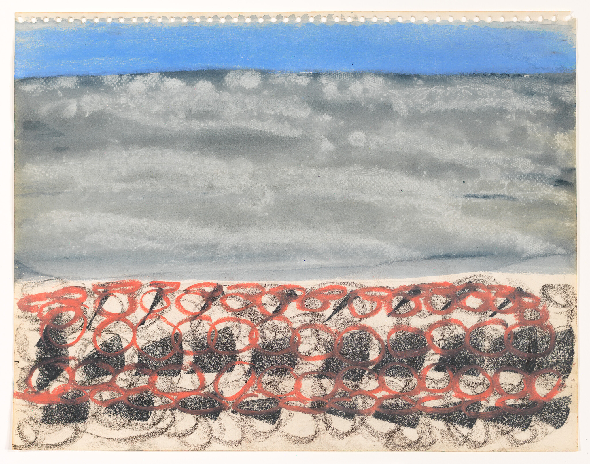 An abstract artwork featuring a series of interconnected red loops on a textured gray and white background, with a strip of blue at the top resembling a sky. The paper has perforated edges, suggesting it may have been torn from a spiral notebook.