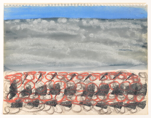 A gray seascape under a thin blue sky with layered red and black circular marks.