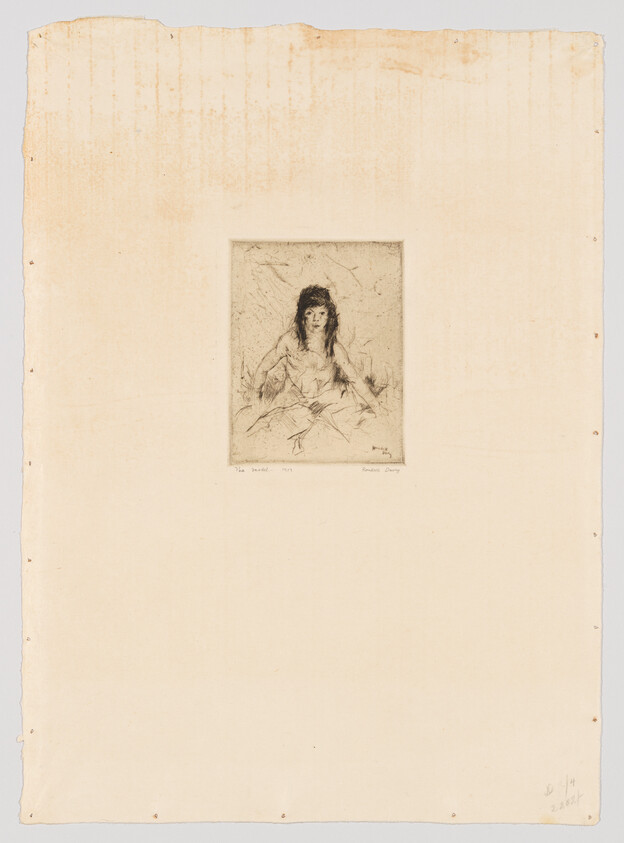 An etching of a disheveled woman seated with her arms resting on her knees, centered on a larger, aged paper with handwritten text and numbers along the bottom edge.