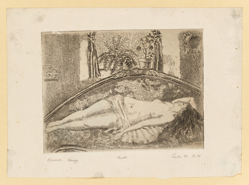 An etching depicting a reclining nude female figure on a bed with ornate floral patterns. The background features a striped wallpaper, a potted plant, and a framed picture on the wall. There is a mirror reflecting a window on the right side. The artwork has handwritten signatures and inscriptions at the bottom.
