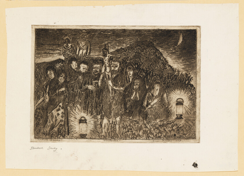 An etching depicting a group of solemn figures in a nocturnal outdoor setting, with a crescent moon in the sky. Some figures hold crosses and religious icons, while a radiant lantern sits in the foreground. The scene conveys a sense of ritual or mourning.