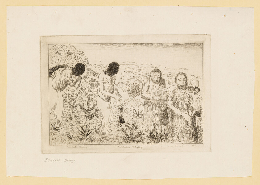 This is an etching depicting four individuals in a pastoral setting. Two figures in the foreground appear to be engaged in agricultural work, with one bending over and the other carrying a bundle on their back. The other two figures stand to the right, with one holding a tool and the other gazing into the distance. The scene is framed within a border, and there are handwritten inscriptions at the bottom. The artwork conveys a sense of rustic life and labor.