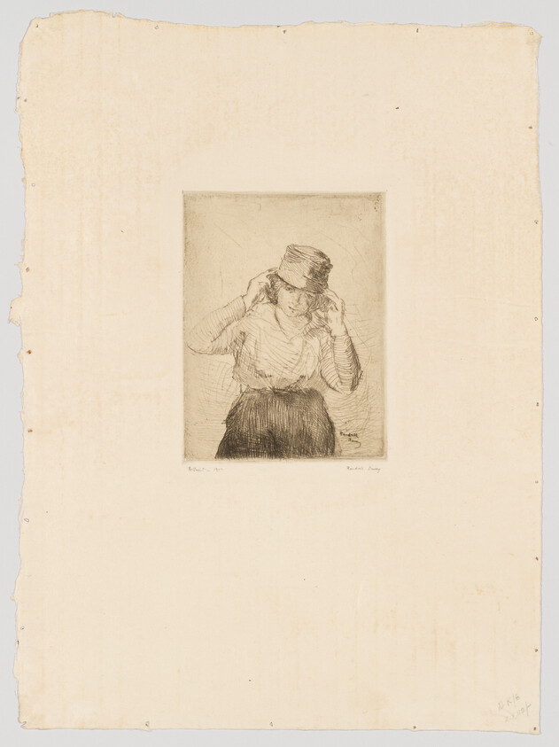An etching of a woman adjusting her hat with her left hand, centered on a piece of aged, off-white paper with rough edges and holes. The woman is depicted in a sketch-like style, wearing a striped blouse and a skirt, with her head slightly tilted as she looks down. The artist's signature is visible in the bottom right corner of the etching.