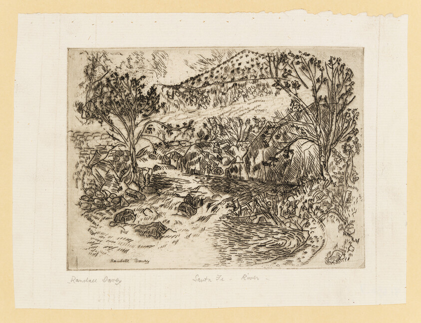 A vintage etching depicting a pastoral landscape with trees, rolling hills, and a small stream. The artwork is detailed, with various plants and textures represented in the scene. The etching is signed by the artist at the bottom left and titled at the bottom right. The paper has a warm, aged tone, and the image is mounted on a larger sheet with rough edges.