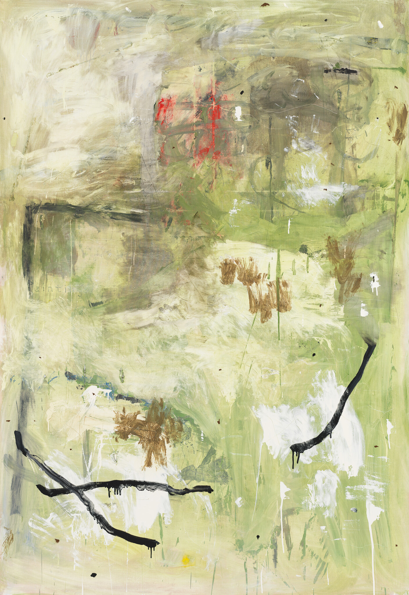 Pale green abstract painting with black dripping branch-like strokes, brown brush clusters, and red smudge.