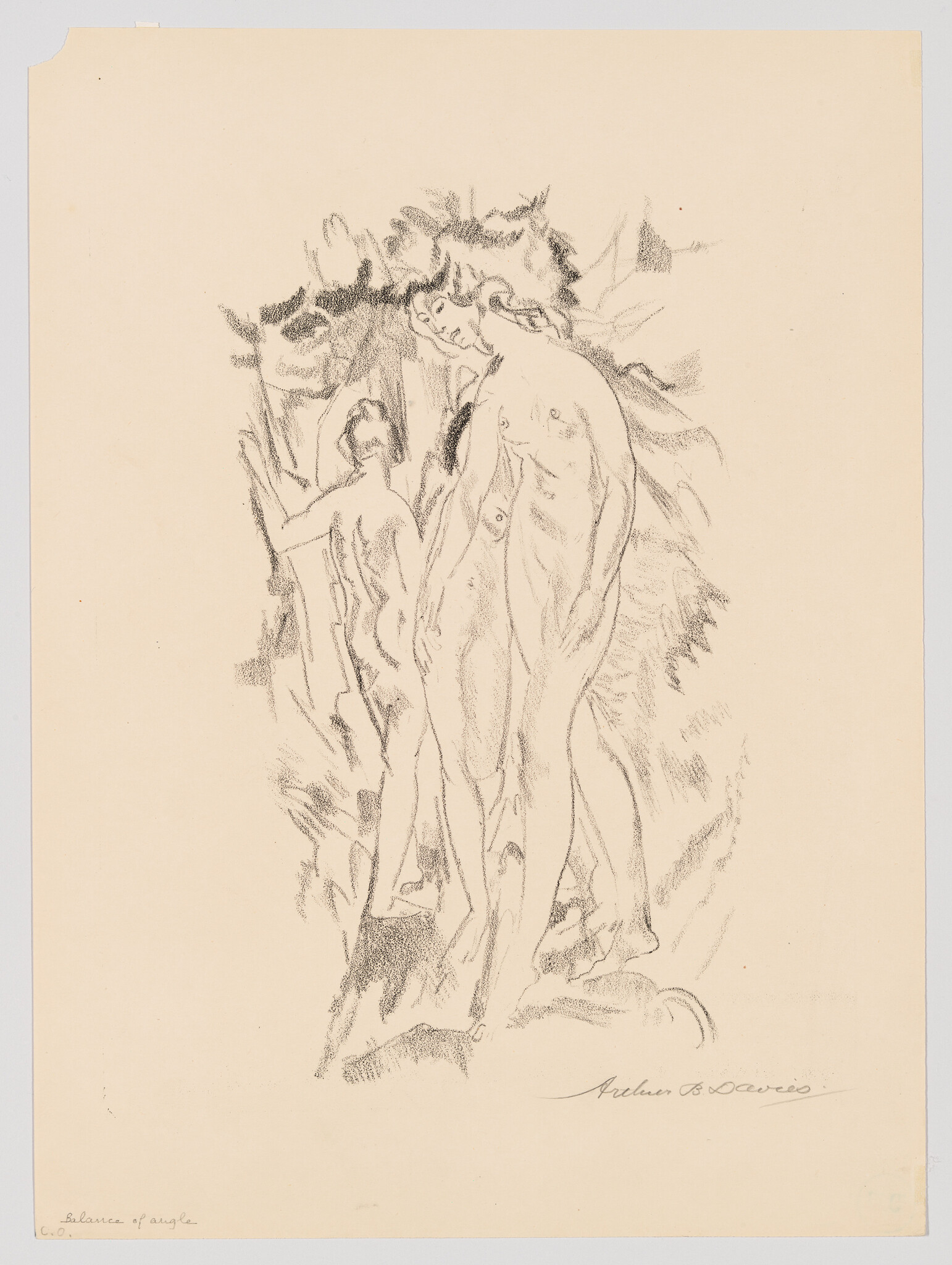 Two nude figures stand among sketchy foliage, a taller figure looking down at the smaller one.