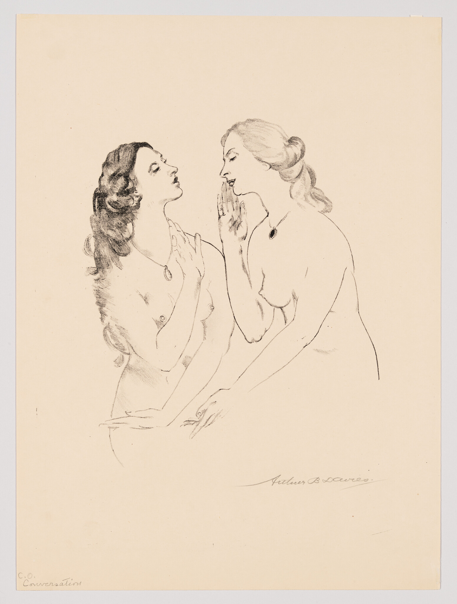 Two nude women lean close while one whispers into the other's ear, both wearing necklaces.