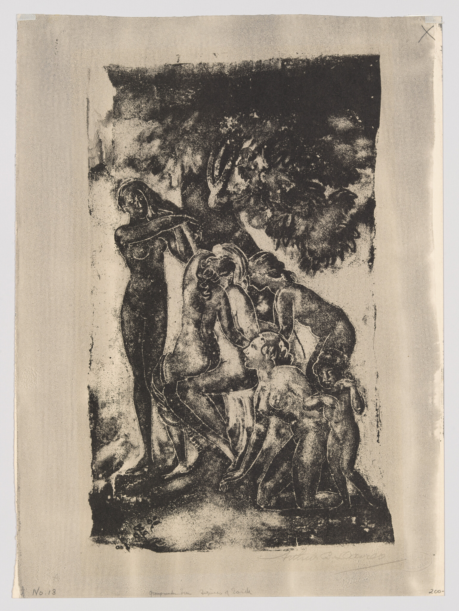 Several nude figures stand and crouch together beneath a large tree in a dark print.