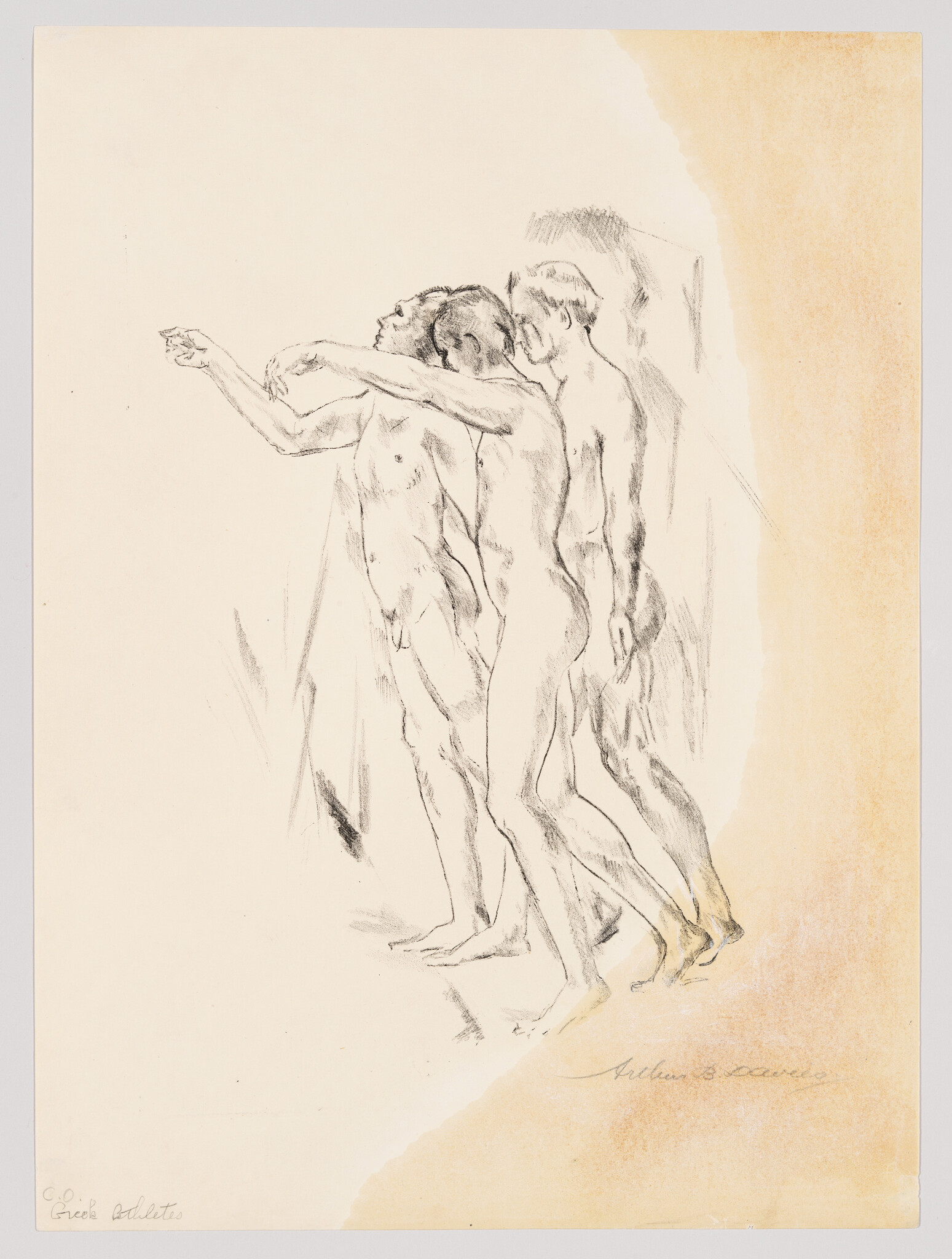 Three nude men walk forward in a linked formation, the front man pointing ahead.