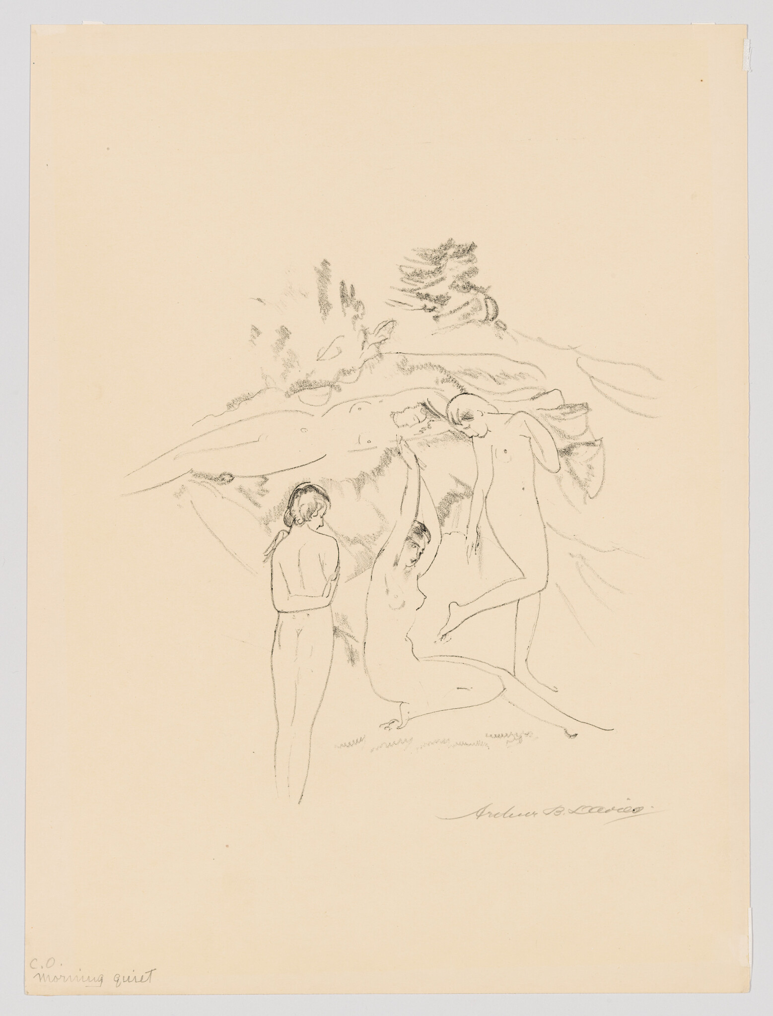 Four nude women in a loose pencil sketch resting and stretching near rocks and trees.