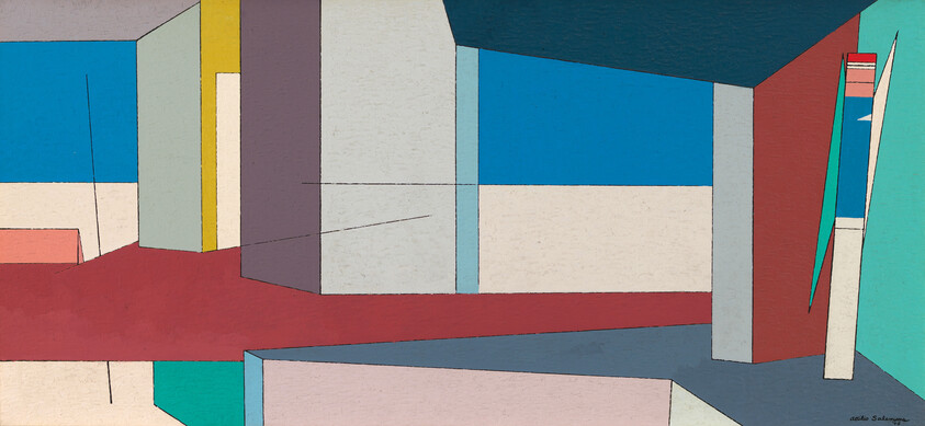 Abstract geometric interior scene with colorful rectangular shapes and layered planes suggesting rooms.