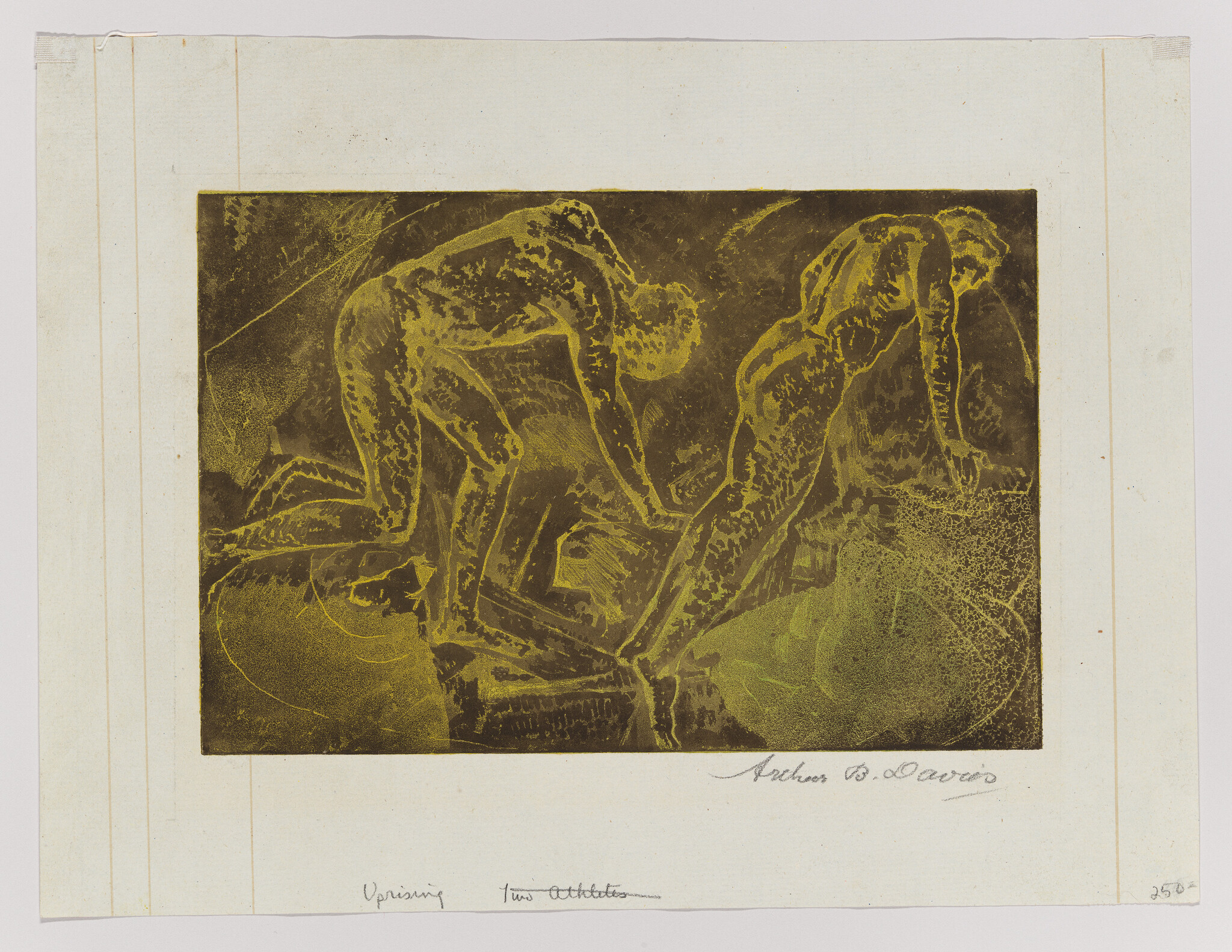 A vintage print depicting an abstract scene with two figures that appear to be embracing or wrestling, rendered in a yellowish-brown tone. The image has a textured appearance and is surrounded by a white border with handwritten inscriptions at the bottom. The artist's signature is visible in the lower right corner.