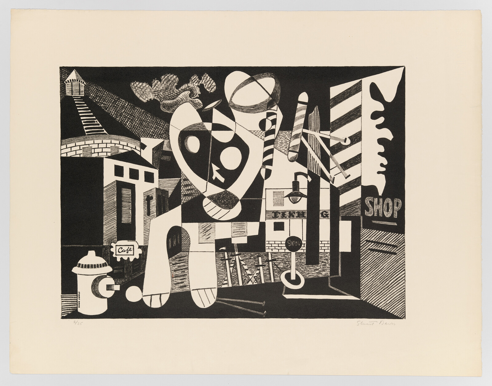 Abstract black-and-white city scene with a large heart-shaped mask, shop sign, and fire hydrant.
