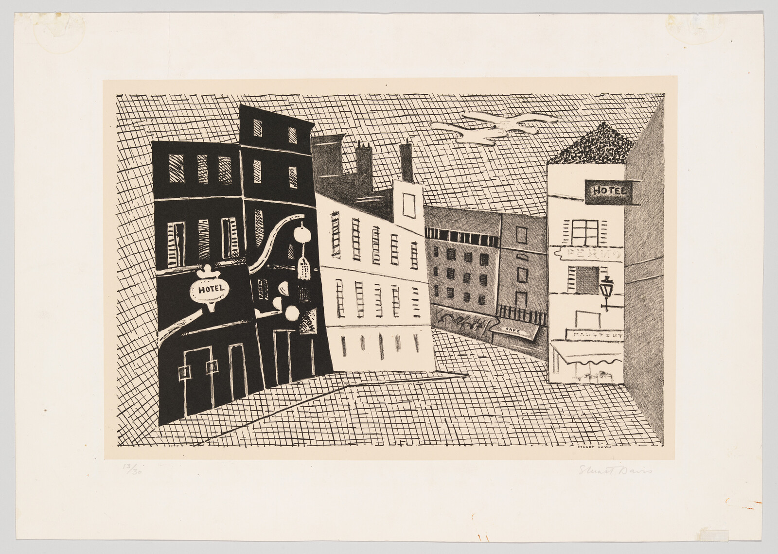 Row of stylized buildings and two hotels lining a checkerboard-patterned street.