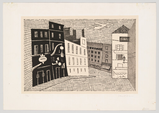 Row of stylized buildings and two hotels lining a checkerboard-patterned street.