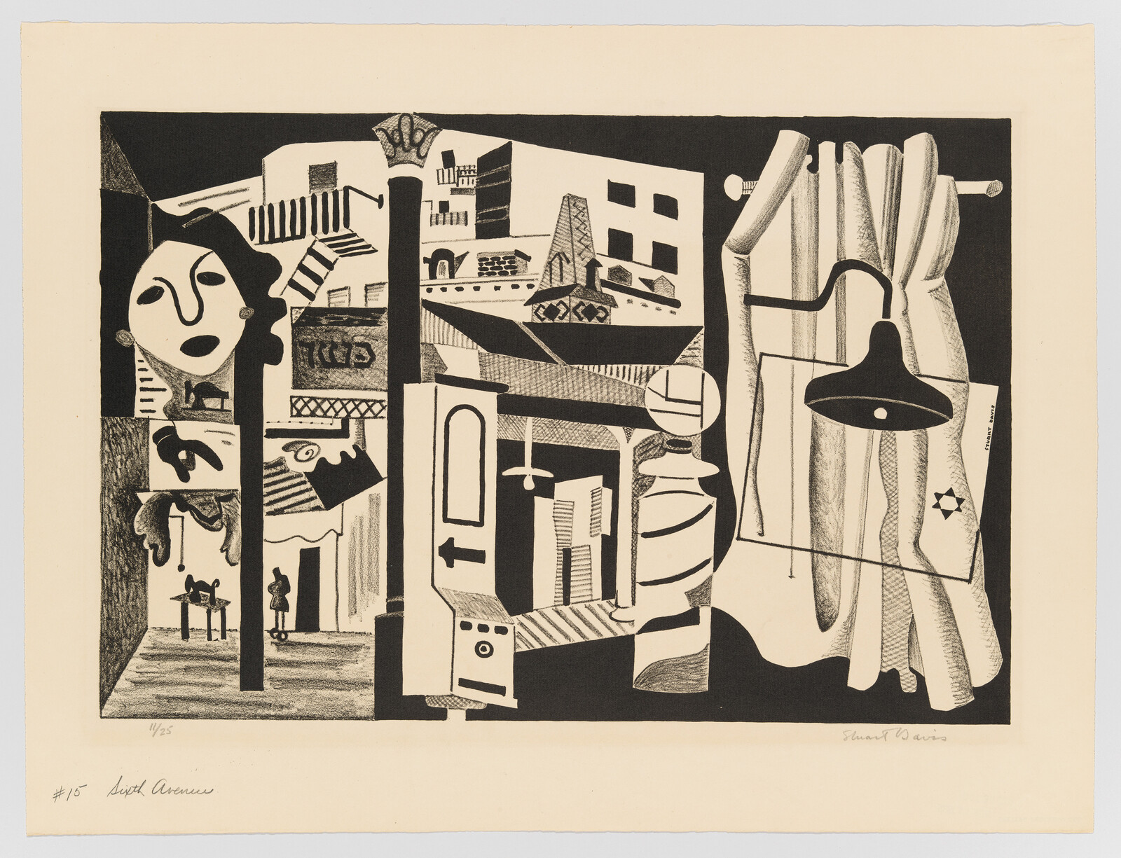 A black-and-white collage showing a city street, stylized face, curtain, and hanging lamp.