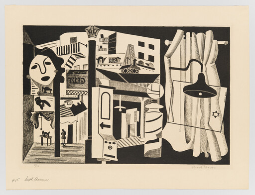 A black-and-white collage showing a city street, stylized face, curtain, and hanging lamp.