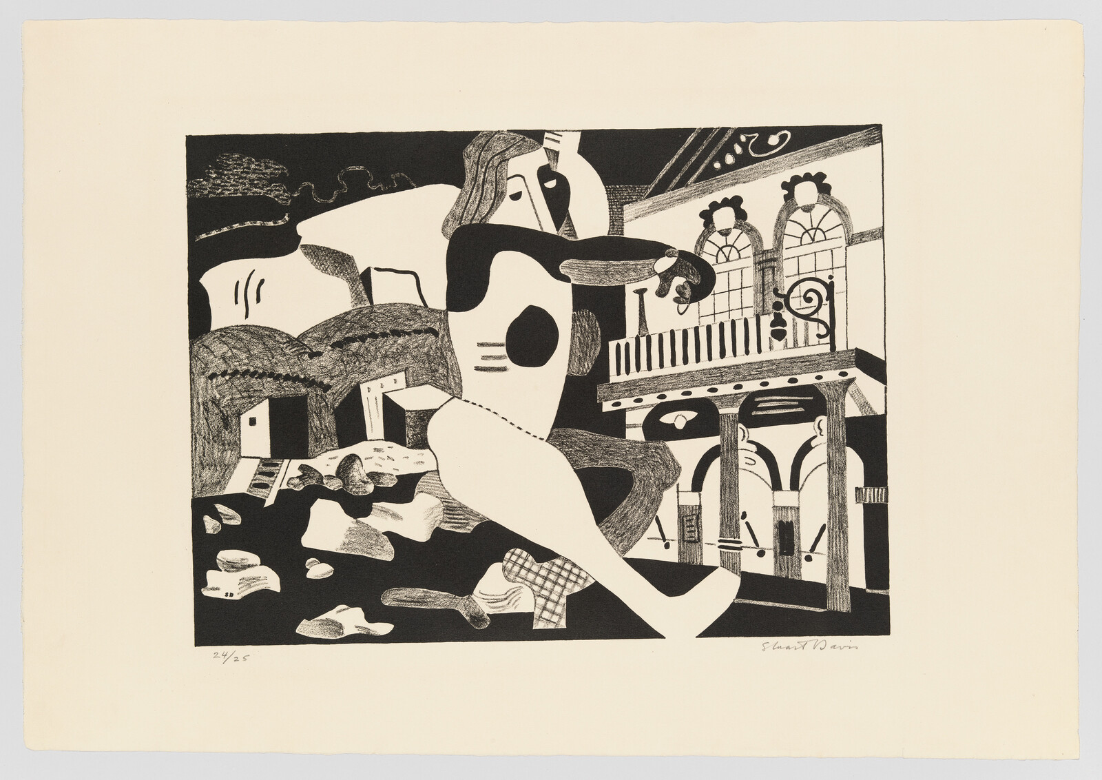A large abstract seated figure reaches out beside a balcony and small houses in black-and-white.