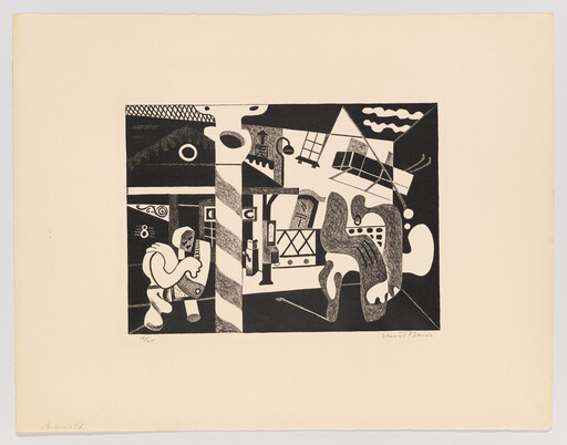 Abstract black-and-white composition showing two distorted figures and geometric shapes around a striped column.