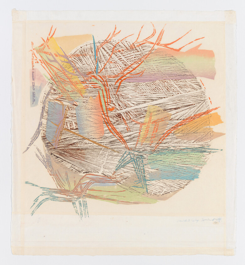 Abstract artwork featuring a circular motif with layered, textured lines in various colors such as orange, blue, and green, on a cream-colored paper background. The piece has a dynamic, organic feel, with some lines resembling tree branches or roots. There's a signature at the bottom right corner.