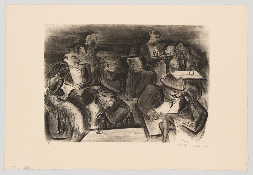 Several men and women in hats sit and talk at crowded tables in a dim café.